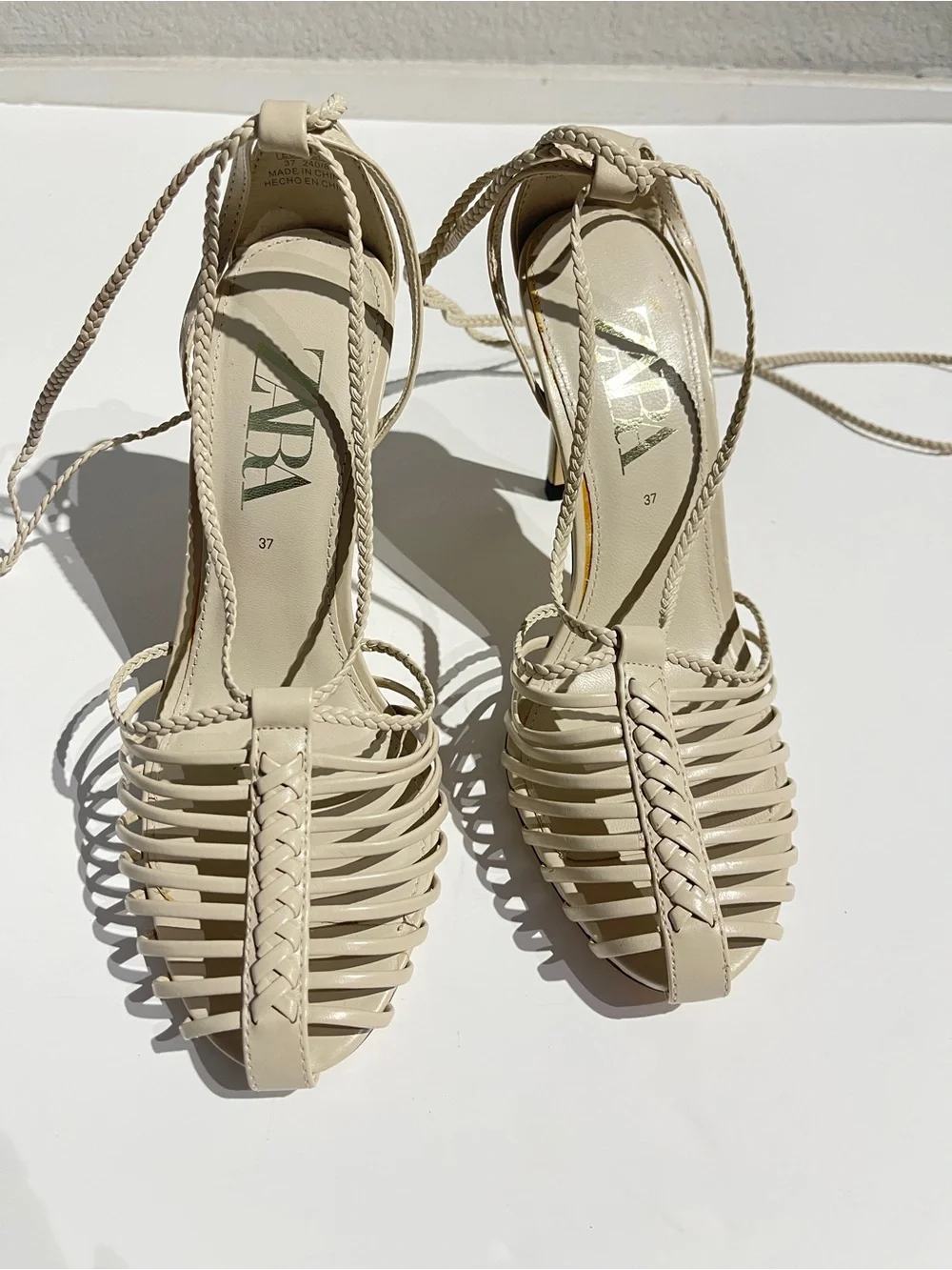 Zara Braided Ivory Strappy Lace-Up Heeled Sandals - Picture 1 of 4